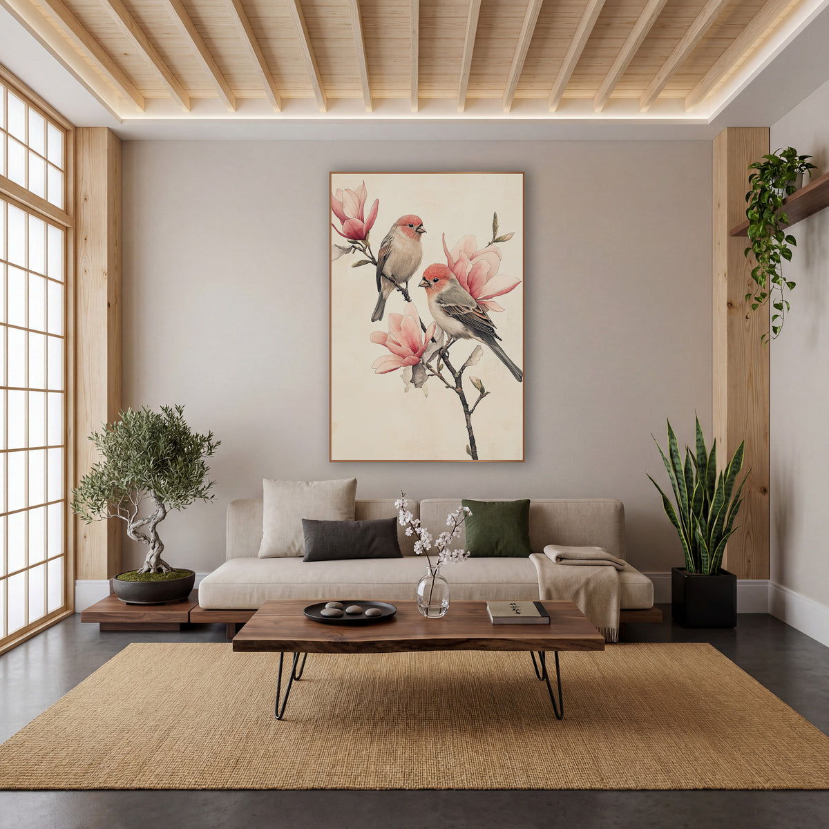 Coral Finches Magnolia Sketch wall art in a calm Japandi-style room – two finches with coral heads perch on a bare
