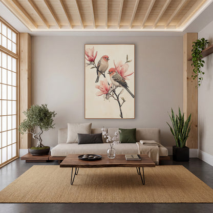 Coral Finches Magnolia Sketch wall art in a calm Japandi-style room – two finches with coral heads perch on a bare