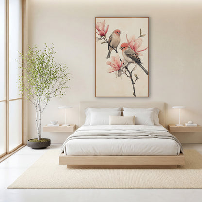 Coral Finches Magnolia Sketch wall art in a calm Japandi-style room – two finches with coral heads perch on a bare