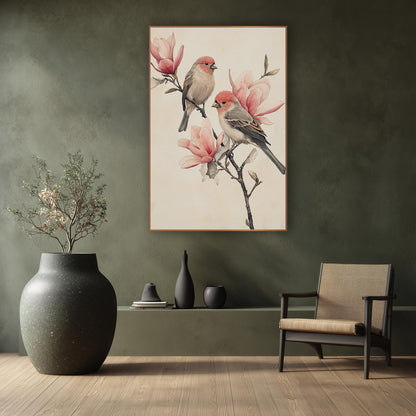 Coral Finches Magnolia Sketch wall art in a calm Japandi-style room – two finches with coral heads perch on a bare