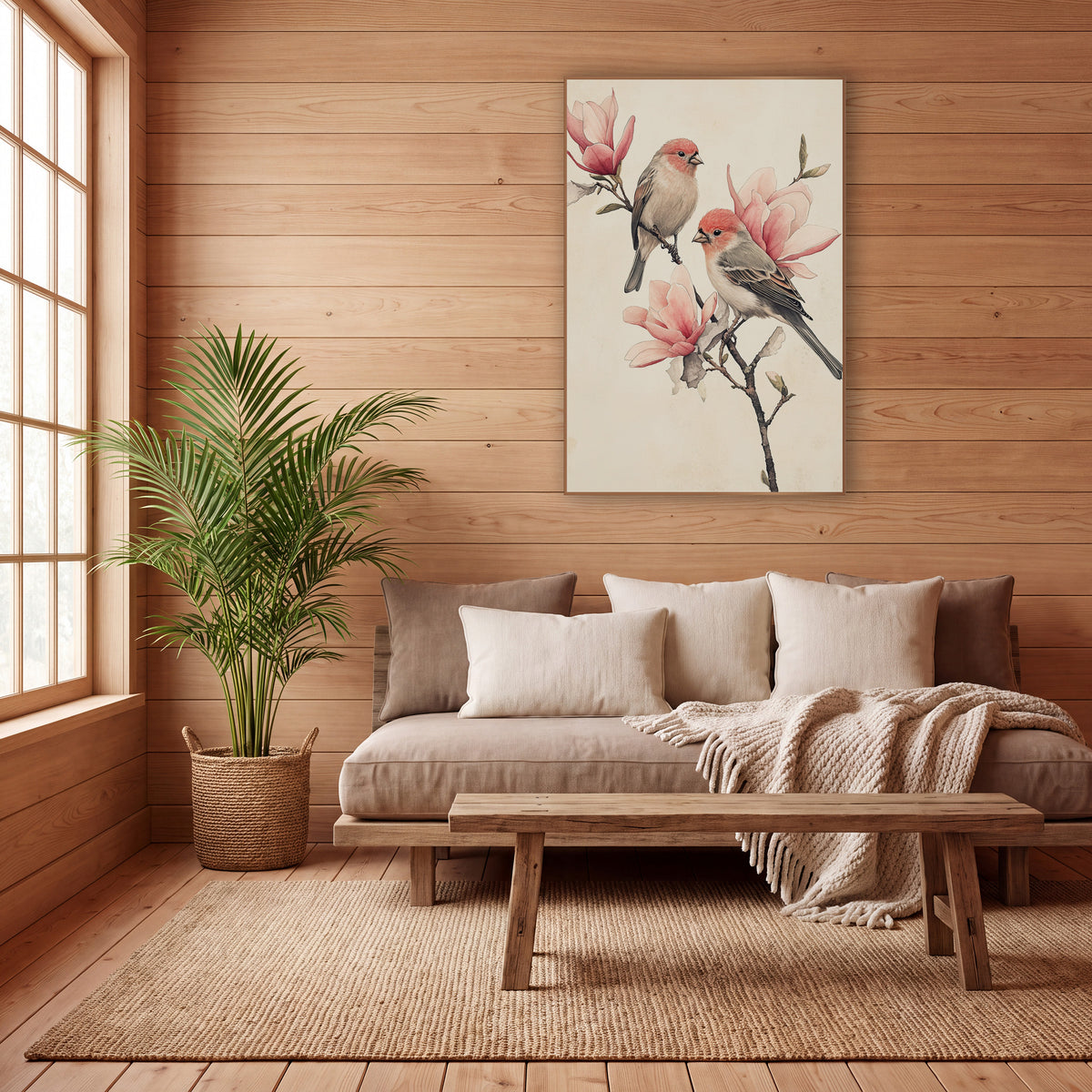 Coral Finches Magnolia Sketch wall art in a calm Japandi-style room – two finches with coral heads perch on a bare