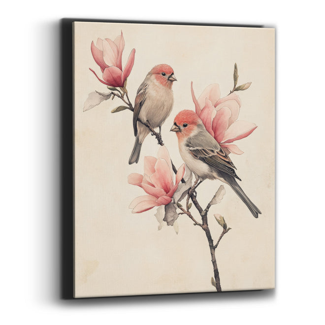 Coral Finches Magnolia Sketch Canvas Wall Art