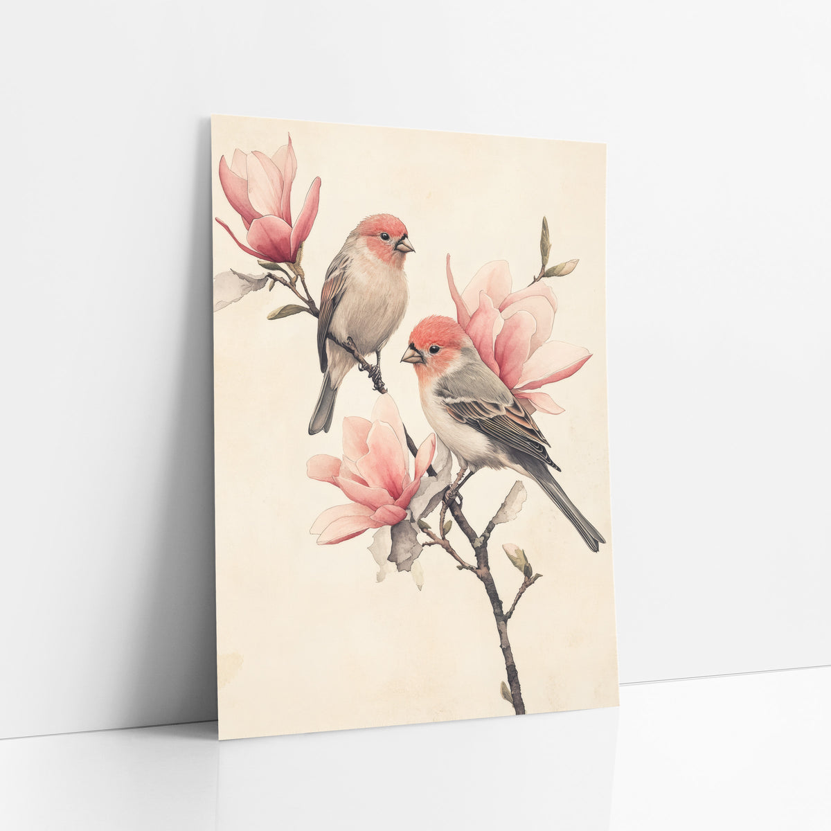 Coral Finches Magnolia Sketch art print leaning against a white wall – two finches with coral heads perch on a bare magnolia