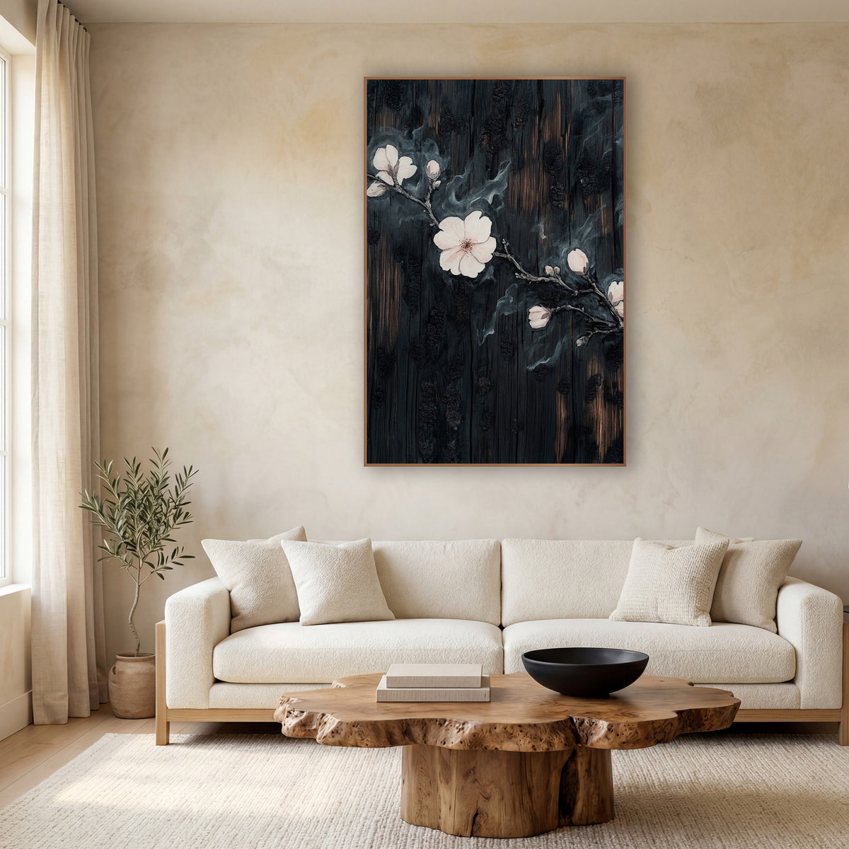 Pale Blossom Branch Japandi wall art in a calm Japandi-style room – pale pink blossoms and buds on a dark branch