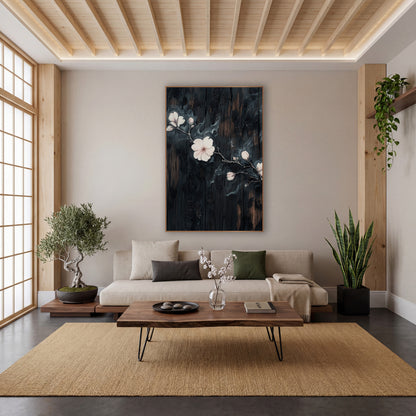 Pale Blossom Branch Japandi wall art in a calm Japandi-style room – pale pink blossoms and buds on a dark branch