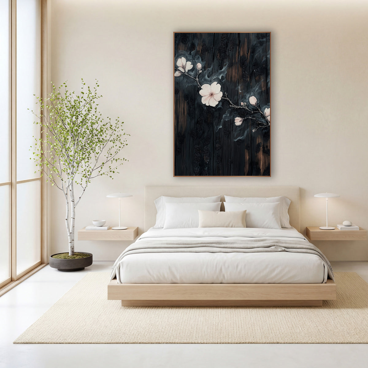 Pale Blossom Branch Japandi wall art in a calm Japandi-style room – pale pink blossoms and buds on a dark branch