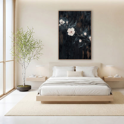 Pale Blossom Branch Japandi wall art in a calm Japandi-style room – pale pink blossoms and buds on a dark branch
