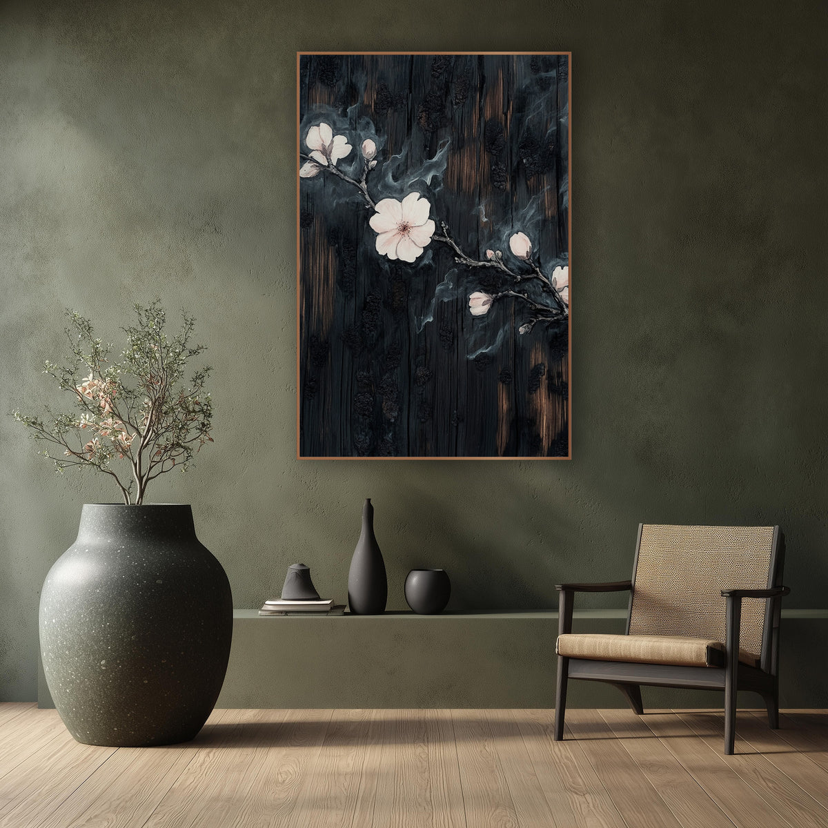 Pale Blossom Branch Japandi wall art in a calm Japandi-style room – pale pink blossoms and buds on a dark branch
