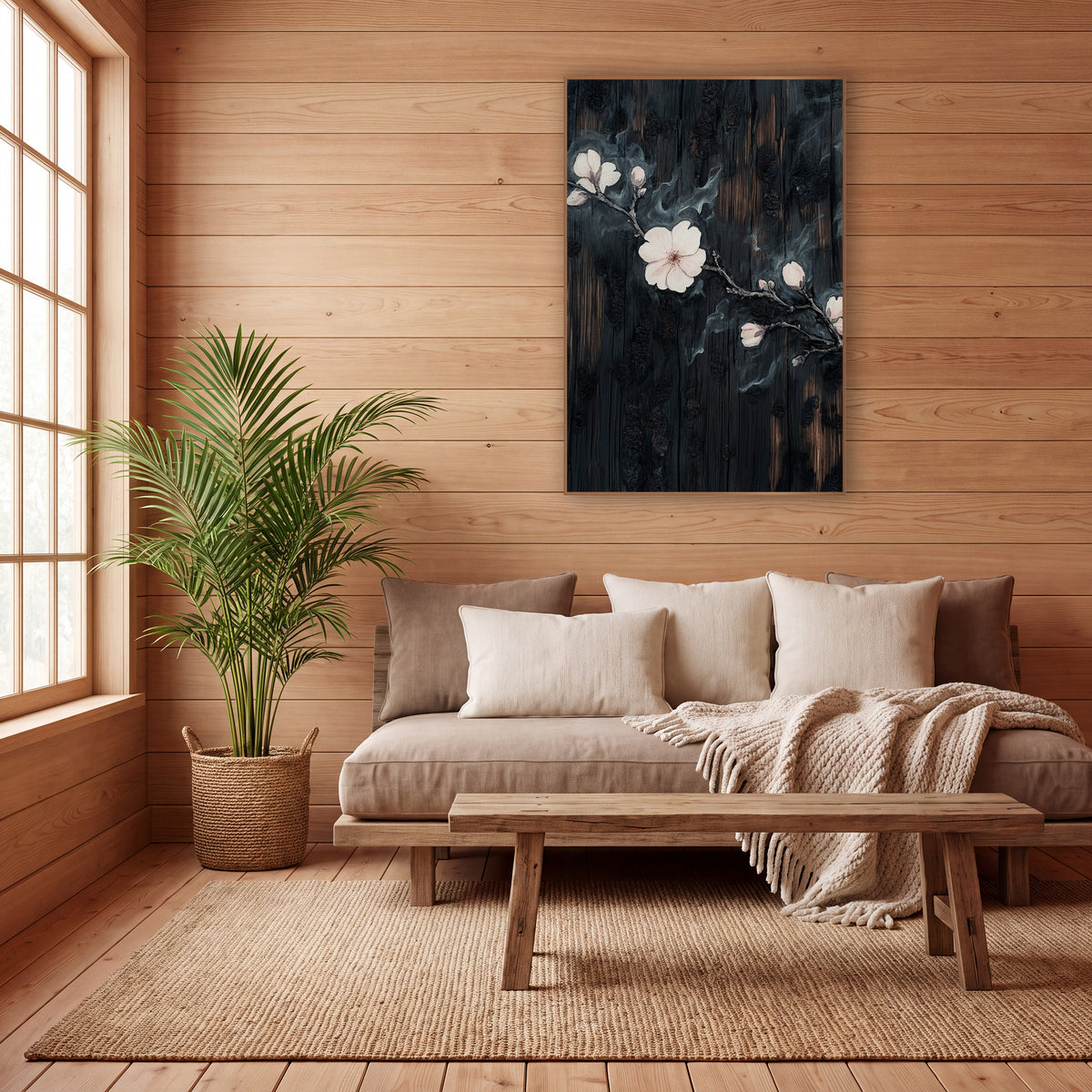 Pale Blossom Branch Japandi wall art in a calm Japandi-style room – pale pink blossoms and buds on a dark branch