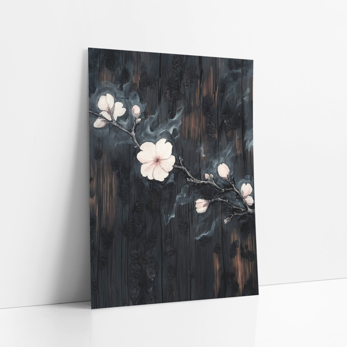 Pale Blossom Branch Japandi art print leaning against a white wall – pale pink blossoms and buds on a dark branch