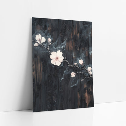 Pale Blossom Branch Japandi art print leaning against a white wall – pale pink blossoms and buds on a dark branch