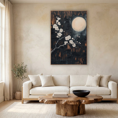 Moonlit Cherry Blossom Branch Japandi wall art in a calm Japandi-style room – white blossom branch beside a glowing