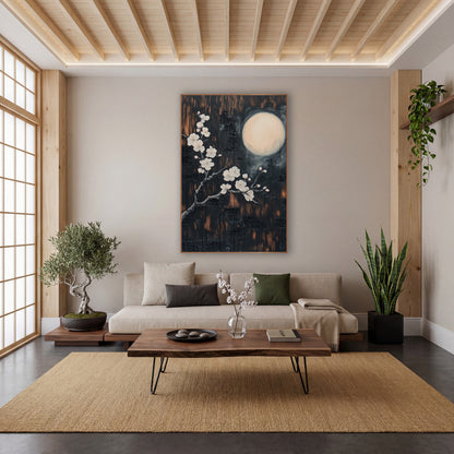 Moonlit Cherry Blossom Branch Japandi wall art in a calm Japandi-style room – white blossom branch beside a glowing