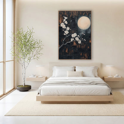 Moonlit Cherry Blossom Branch Japandi wall art in a calm Japandi-style room – white blossom branch beside a glowing