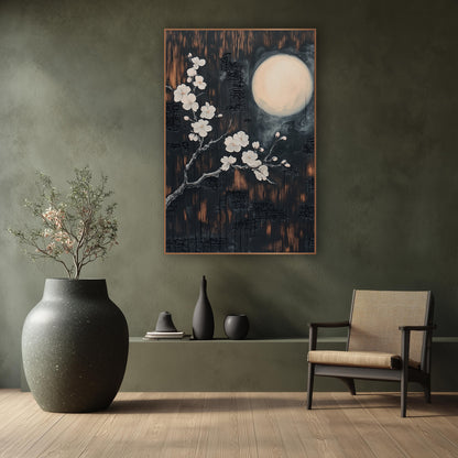 Moonlit Cherry Blossom Branch Japandi wall art in a calm Japandi-style room – white blossom branch beside a glowing