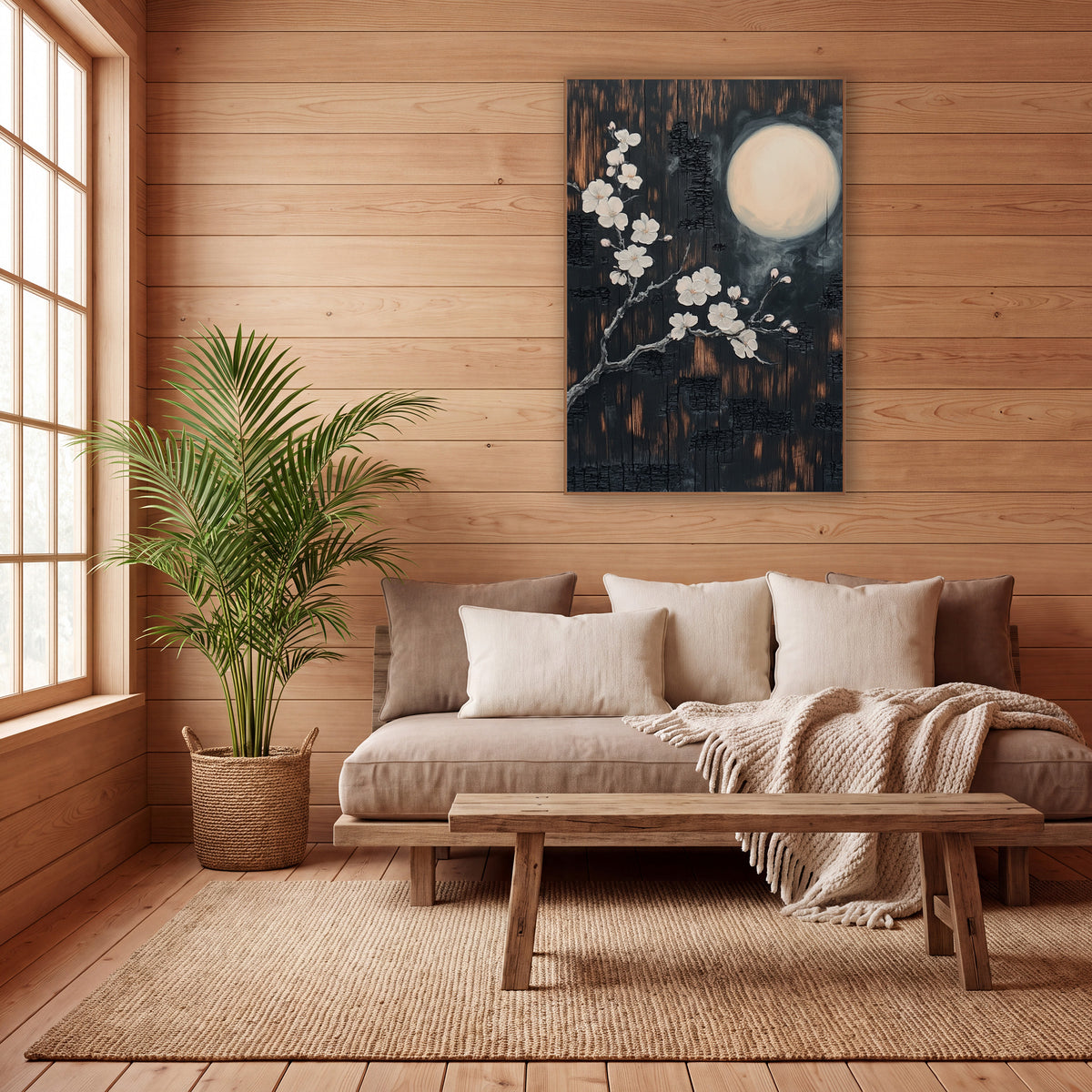 Moonlit Cherry Blossom Branch Japandi wall art in a calm Japandi-style room – white blossom branch beside a glowing