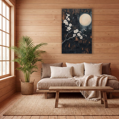 Moonlit Cherry Blossom Branch Japandi wall art in a calm Japandi-style room – white blossom branch beside a glowing