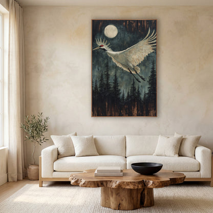 Moonlit Crane Flight Forest Japandi wall art in a calm Japandi-style room – white crane with red crown flying past