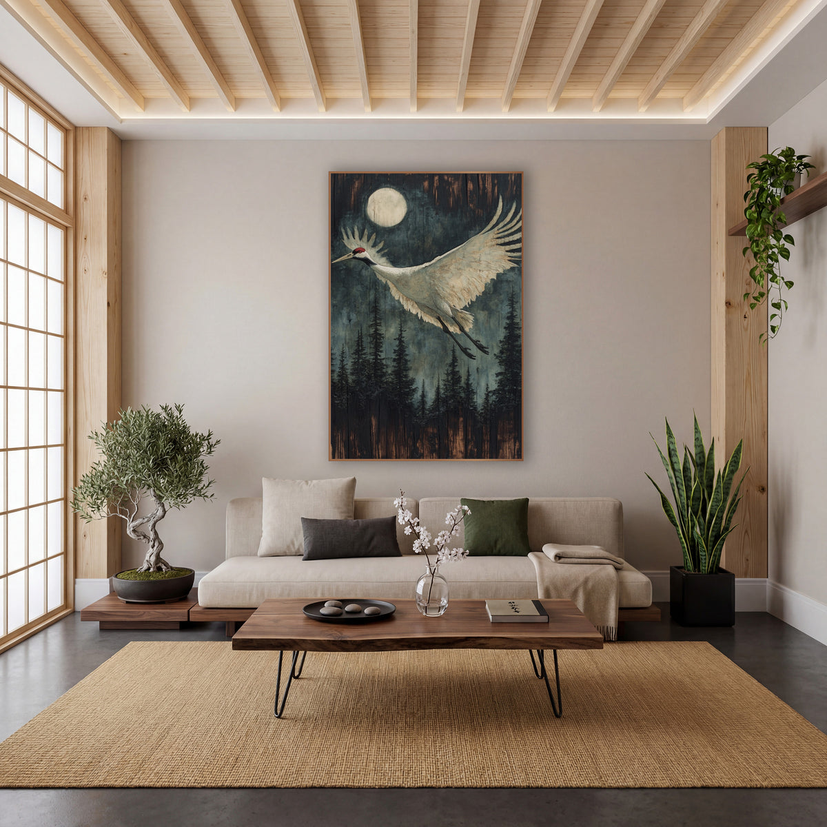 Moonlit Crane Flight Forest Japandi wall art in a calm Japandi-style room – white crane with red crown flying past