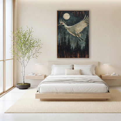 Moonlit Crane Flight Forest Japandi wall art in a calm Japandi-style room – white crane with red crown flying past