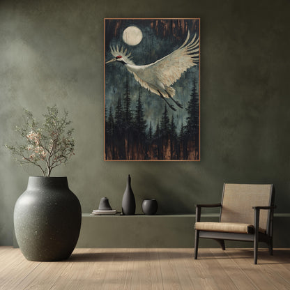 Moonlit Crane Flight Forest Japandi wall art in a calm Japandi-style room – white crane with red crown flying past