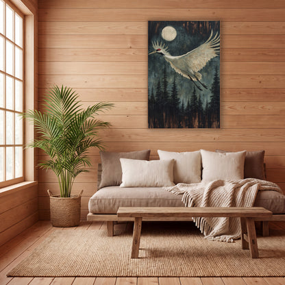 Moonlit Crane Flight Forest Japandi wall art in a calm Japandi-style room – white crane with red crown flying past