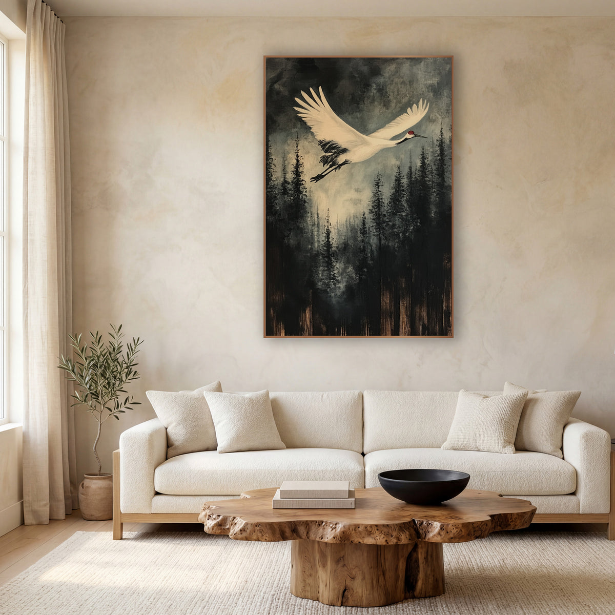 White Crane Flight Misty Forest wall art in a calm Japandi-style room – white crane with red crown flying over dark