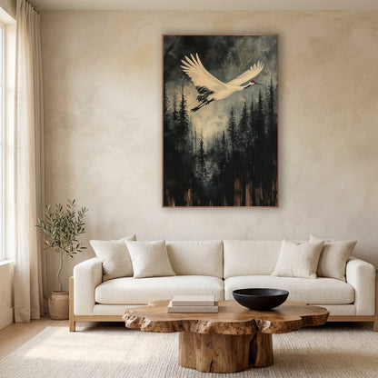 White Crane Flight Misty Forest wall art in a calm Japandi-style room – white crane with red crown flying over dark