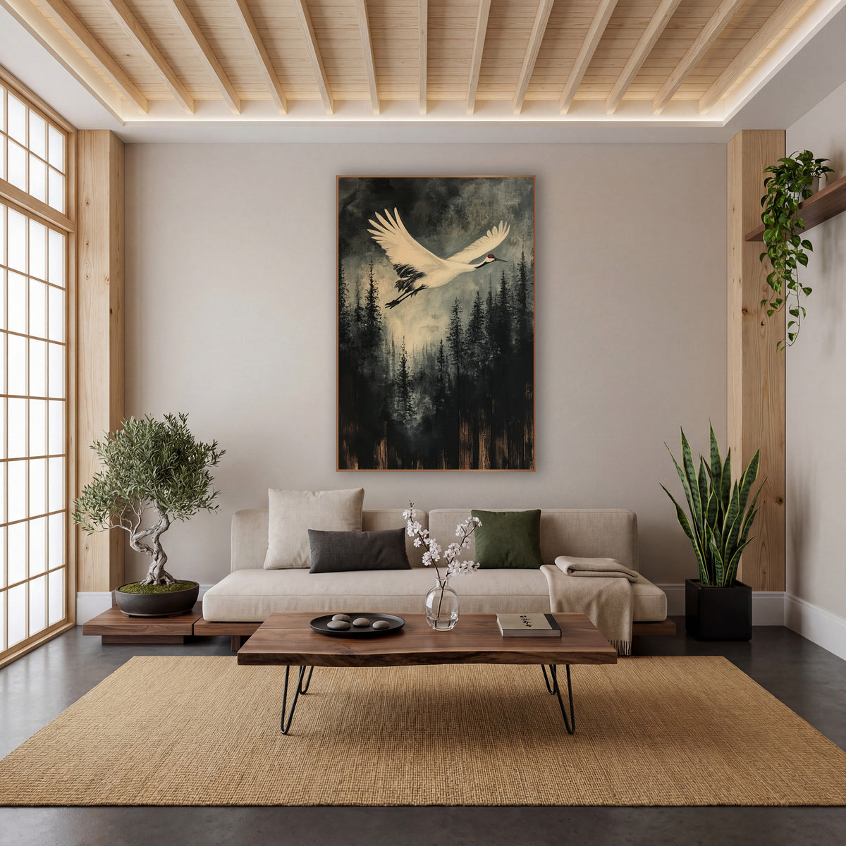 White Crane Flight Misty Forest wall art in a calm Japandi-style room – white crane with red crown flying over dark