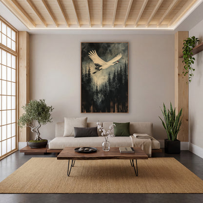 White Crane Flight Misty Forest wall art in a calm Japandi-style room – white crane with red crown flying over dark