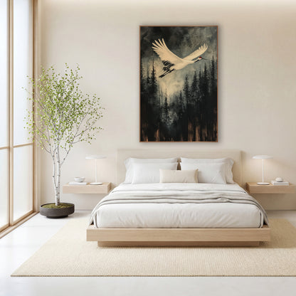 White Crane Flight Misty Forest wall art in a calm Japandi-style room – white crane with red crown flying over dark