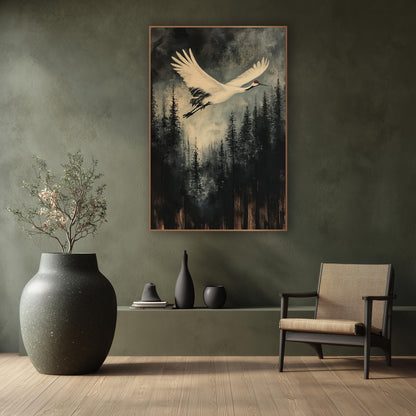 White Crane Flight Misty Forest wall art in a calm Japandi-style room – white crane with red crown flying over dark