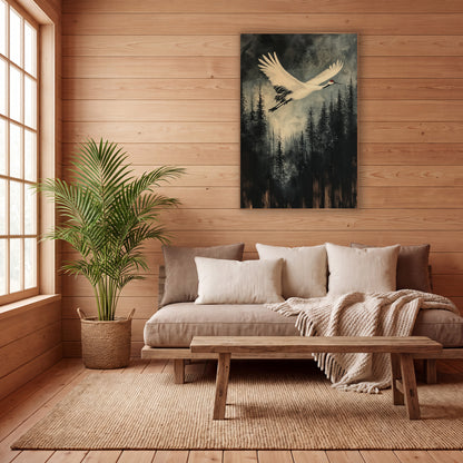 White Crane Flight Misty Forest wall art in a calm Japandi-style room – white crane with red crown flying over dark