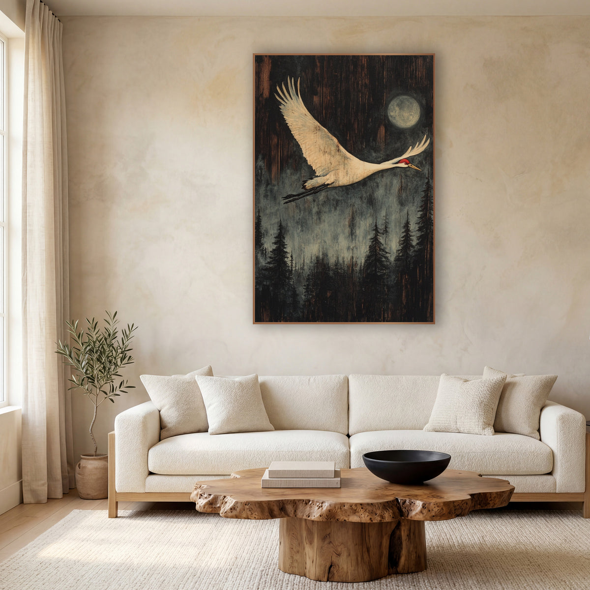 Moonlit Crane Forest Japandi wall art in a calm Japandi-style room – white crane with red crown flying past a pale