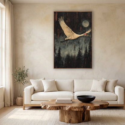 Moonlit Crane Forest Japandi wall art in a calm Japandi-style room – white crane with red crown flying past a pale