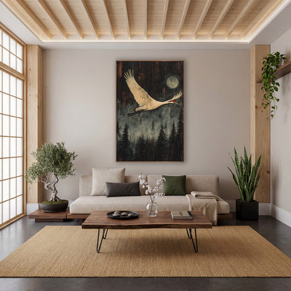 Moonlit Crane Forest Japandi wall art in a calm Japandi-style room – white crane with red crown flying past a pale