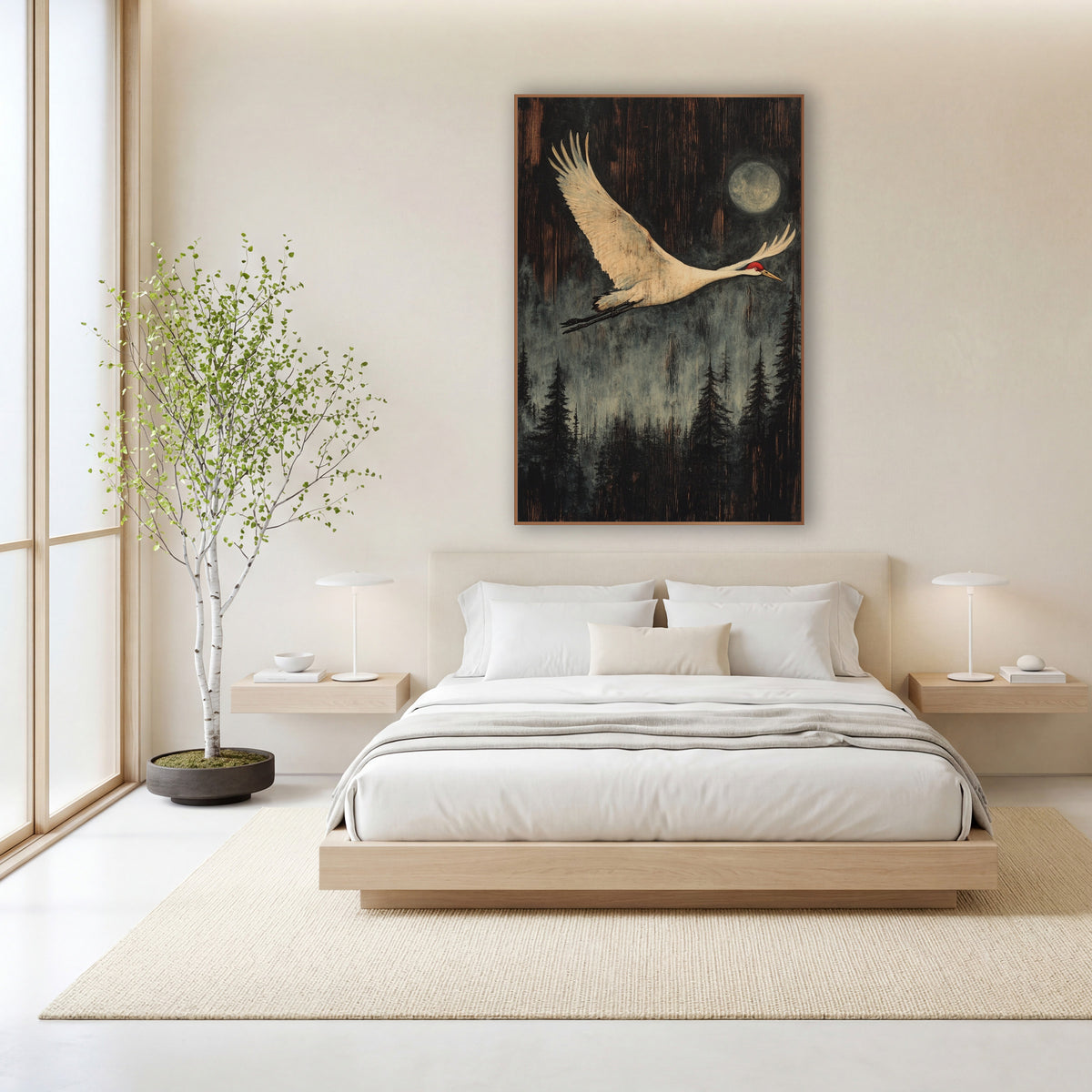 Moonlit Crane Forest Japandi wall art in a calm Japandi-style room – white crane with red crown flying past a pale