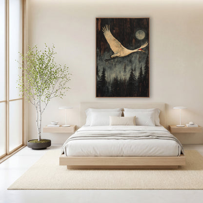 Moonlit Crane Forest Japandi wall art in a calm Japandi-style room – white crane with red crown flying past a pale