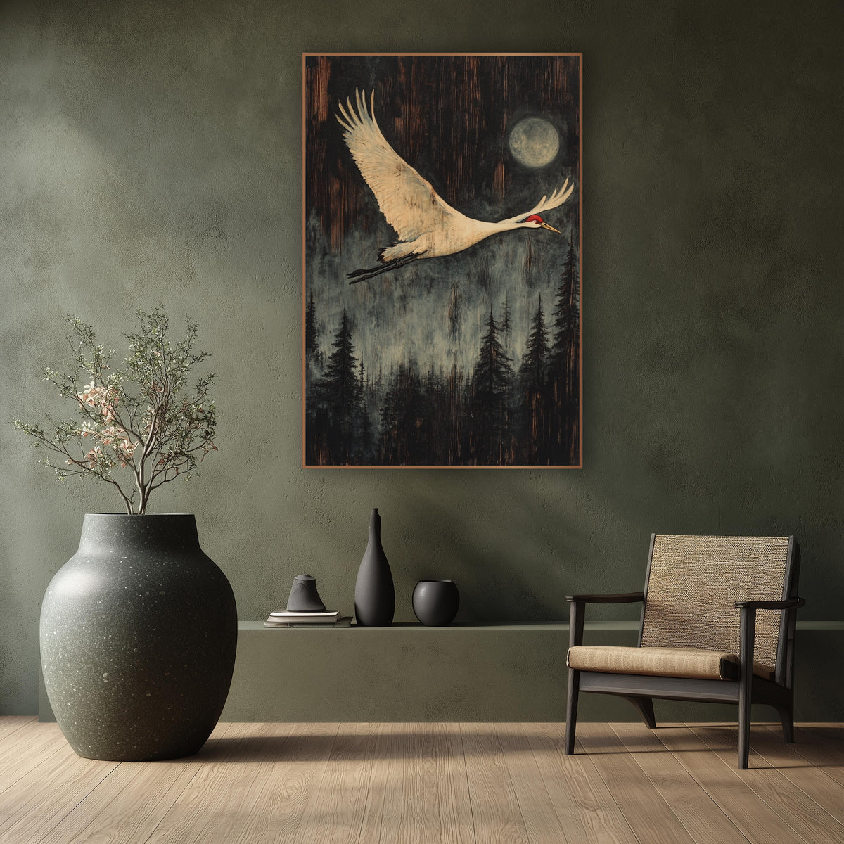 Moonlit Crane Forest Japandi wall art in a calm Japandi-style room – white crane with red crown flying past a pale