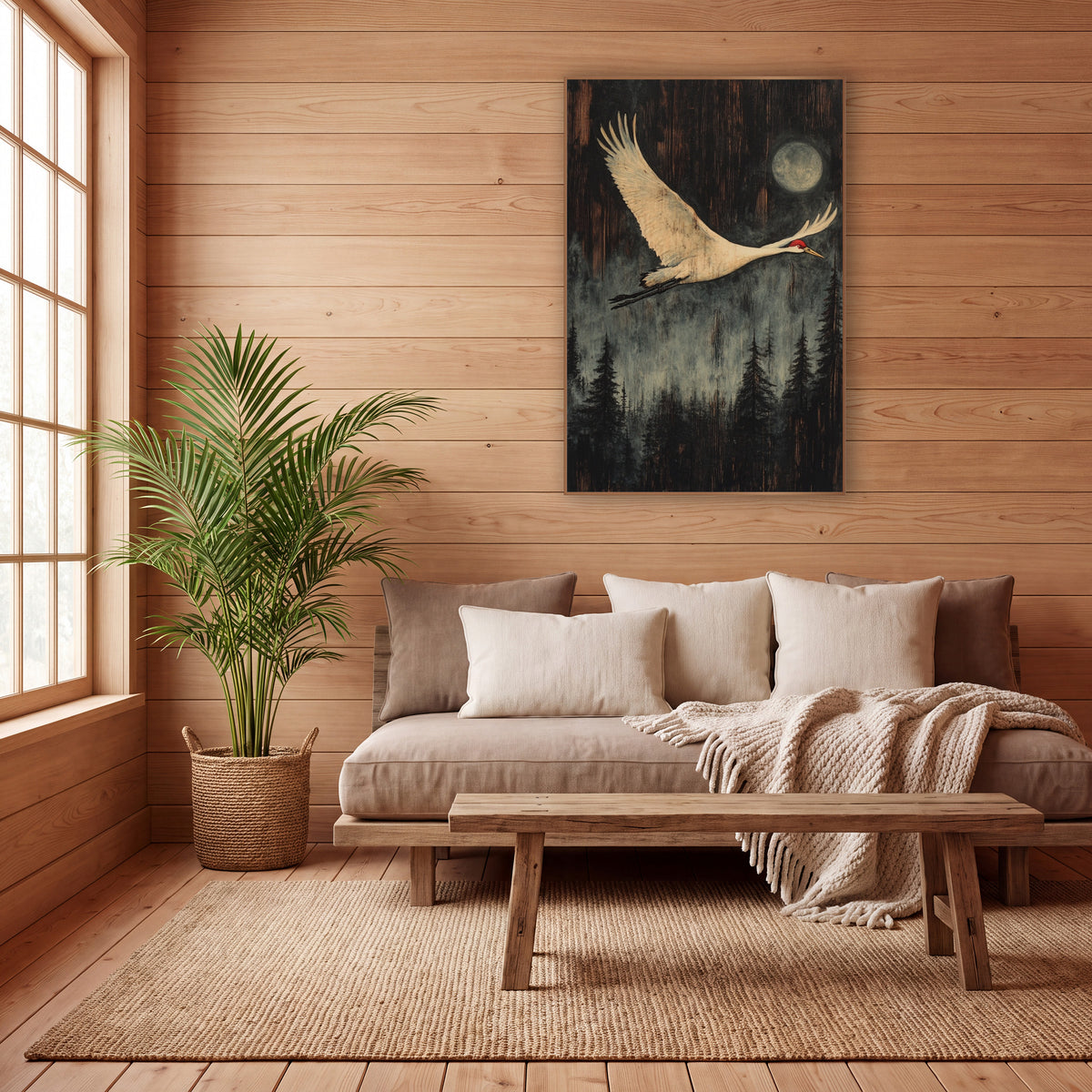 Moonlit Crane Forest Japandi wall art in a calm Japandi-style room – white crane with red crown flying past a pale