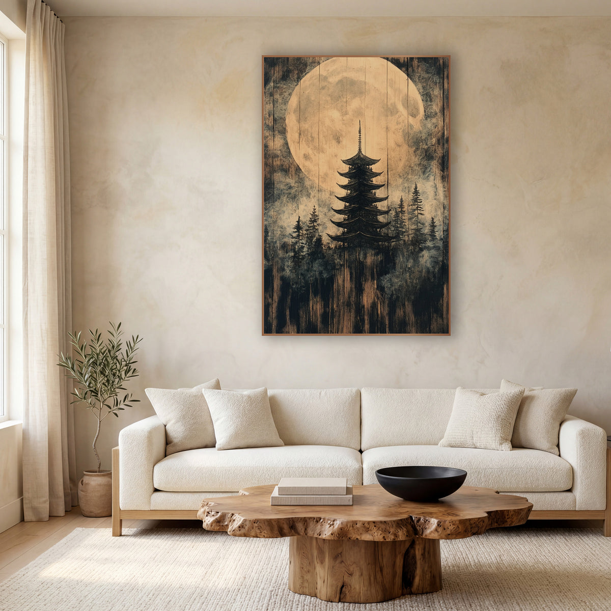Giant Moon Pagoda Forest wall art in a calm Japandi-style room – five-tier pagoda among evergreens before a large pale
