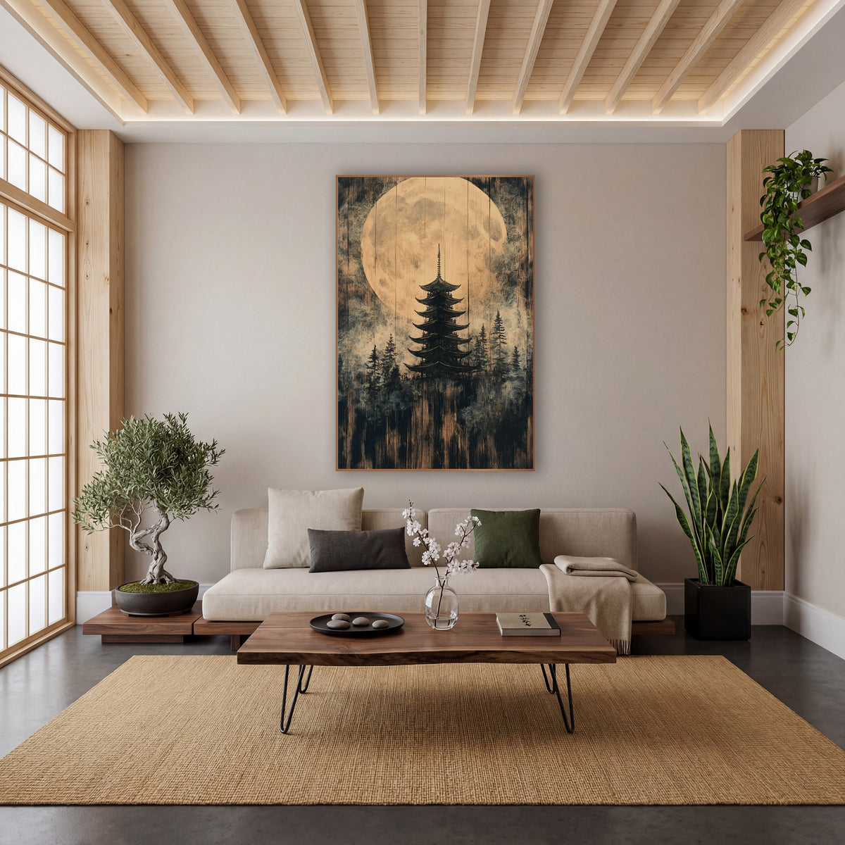 Giant Moon Pagoda Forest wall art in a calm Japandi-style room – five-tier pagoda among evergreens before a large pale