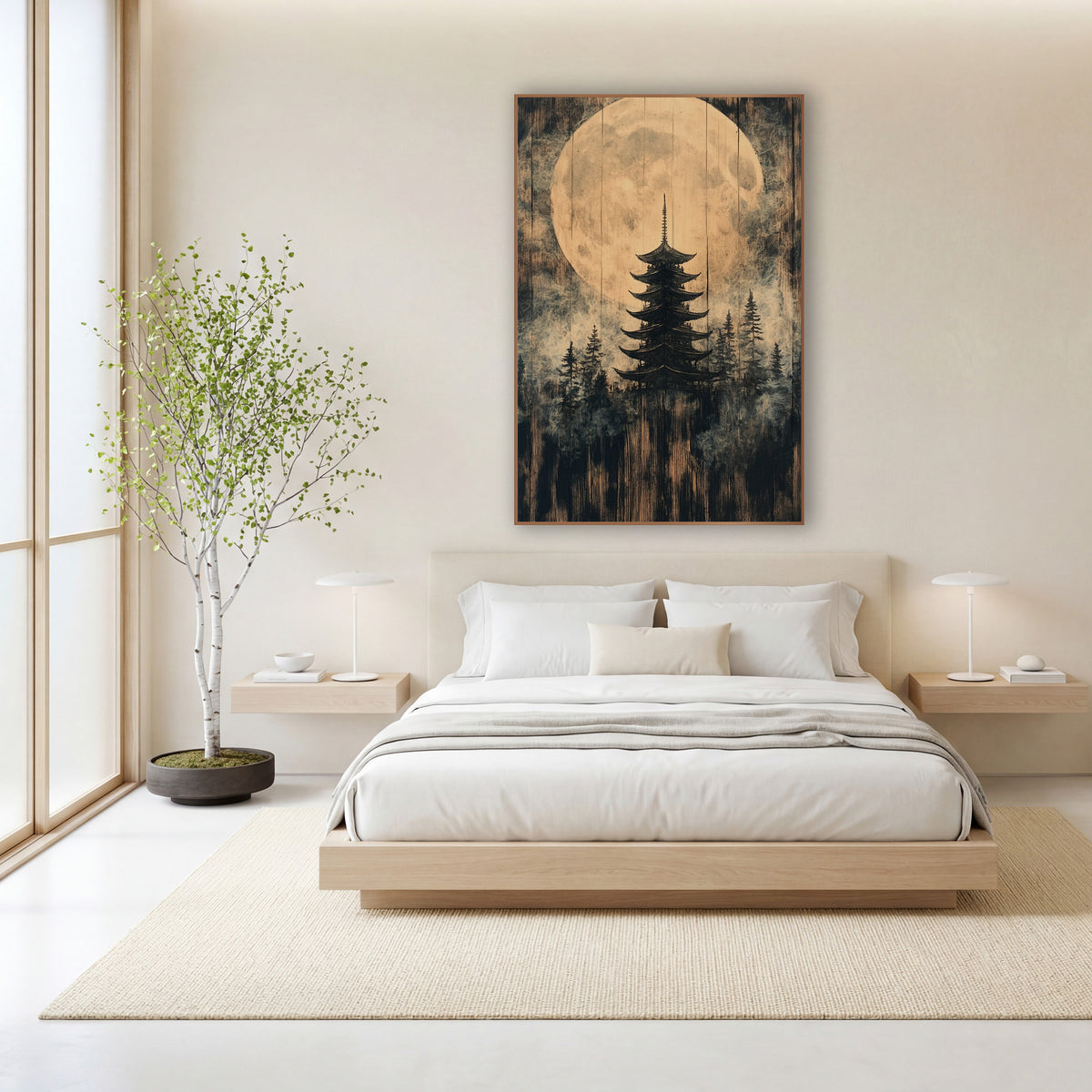 Giant Moon Pagoda Forest wall art in a calm Japandi-style room – five-tier pagoda among evergreens before a large pale