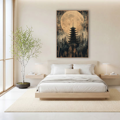 Giant Moon Pagoda Forest wall art in a calm Japandi-style room – five-tier pagoda among evergreens before a large pale