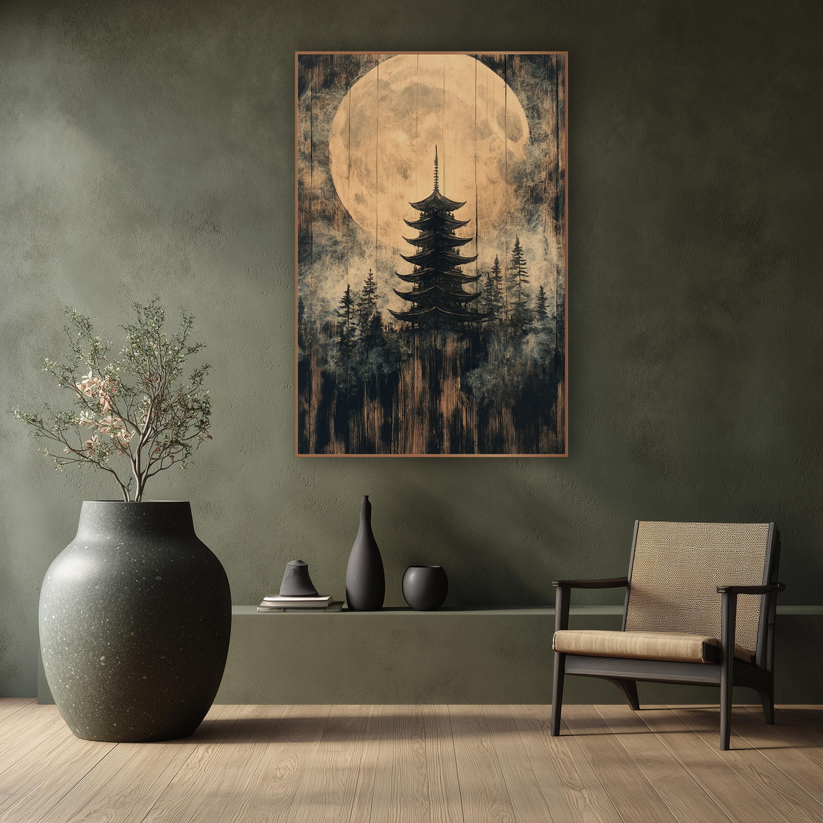 Giant Moon Pagoda Forest wall art in a calm Japandi-style room – five-tier pagoda among evergreens before a large pale