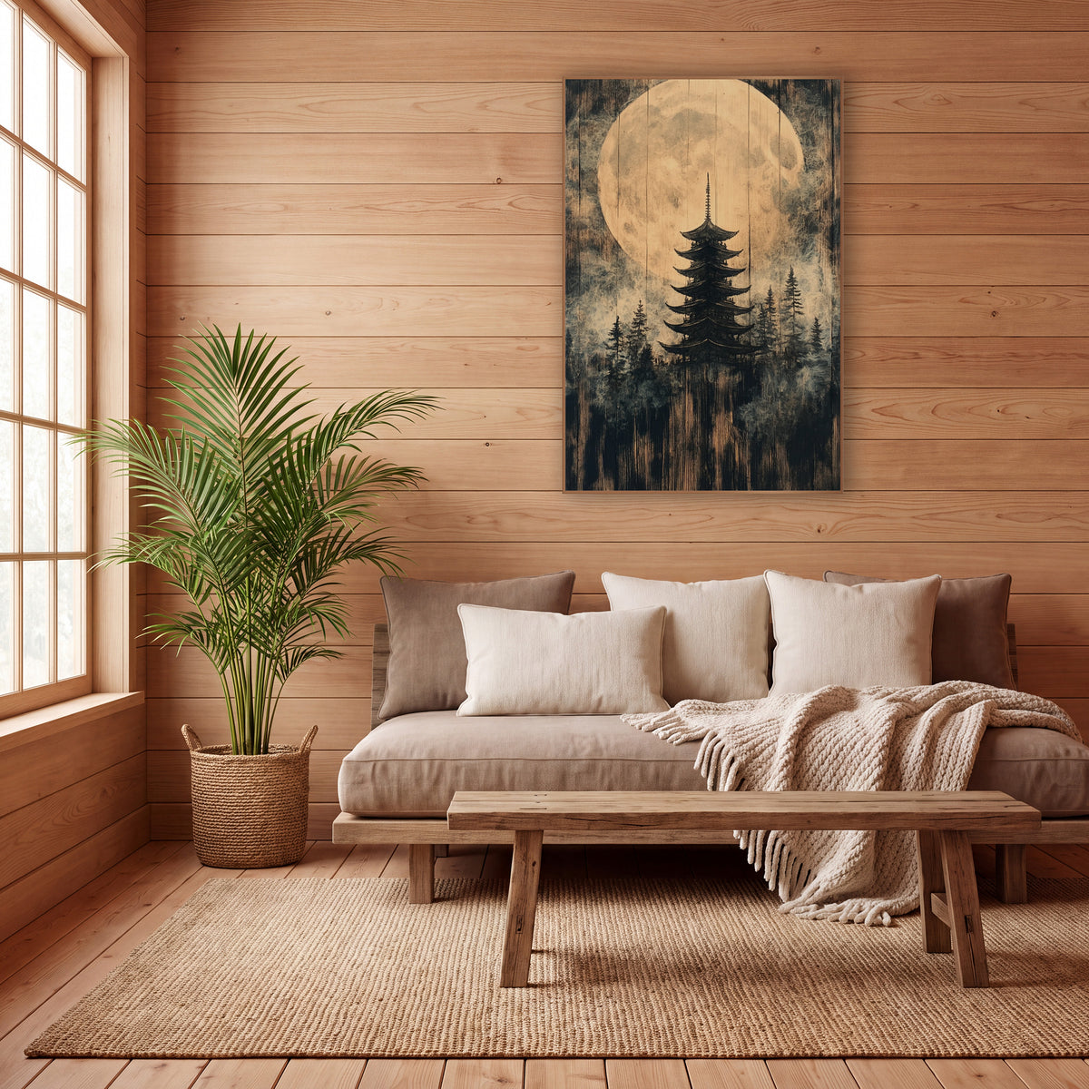Giant Moon Pagoda Forest wall art in a calm Japandi-style room – five-tier pagoda among evergreens before a large pale