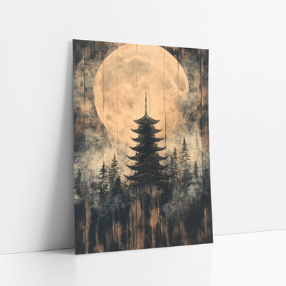 Giant Moon Pagoda Forest art print leaning against a white wall – five-tier pagoda among evergreens before a large pale full