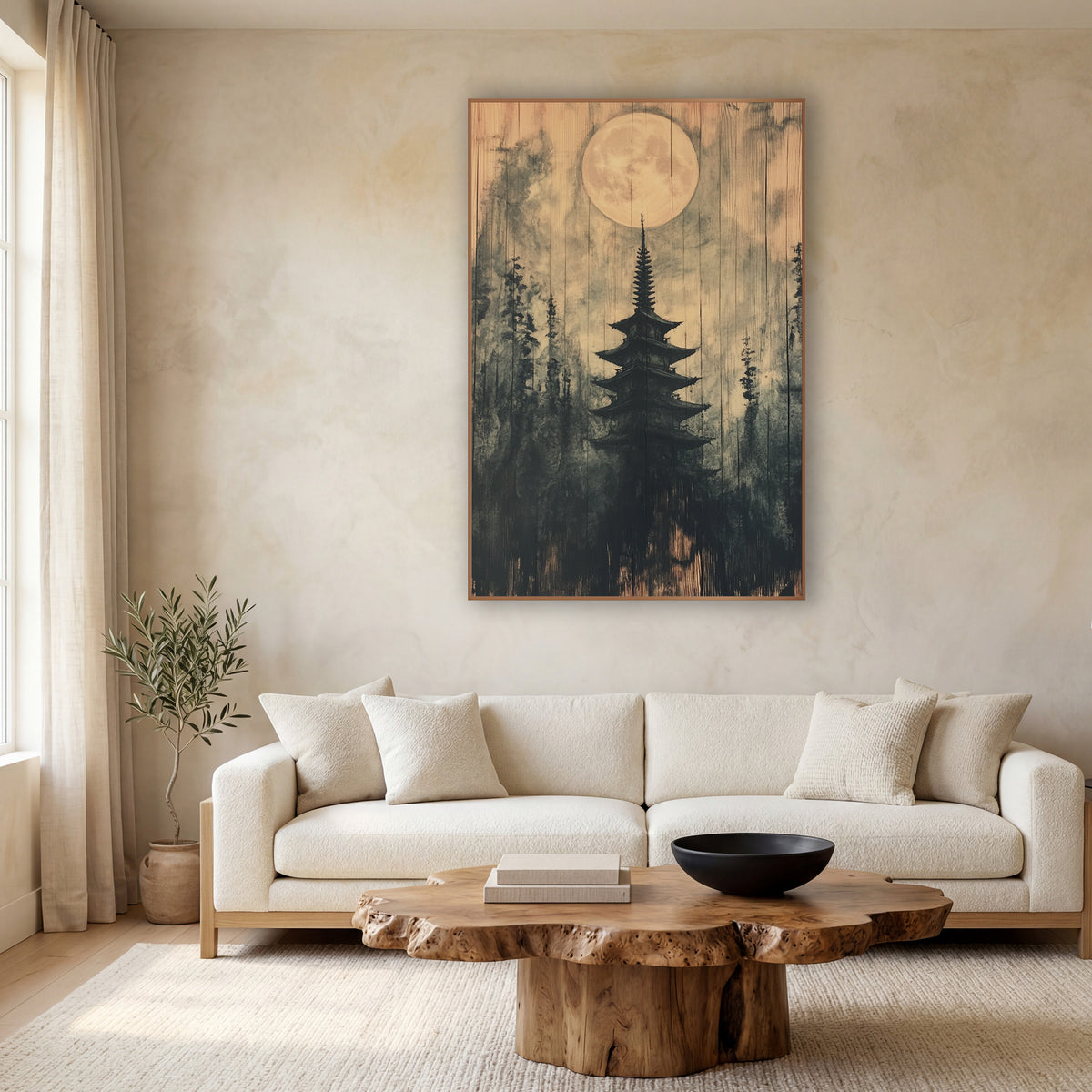 Small Moon Pagoda Ink wall art in a calm Japandi-style room – dark five-tier pagoda among evergreens under a large