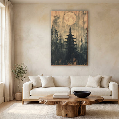 Small Moon Pagoda Ink wall art in a calm Japandi-style room – dark five-tier pagoda among evergreens under a large