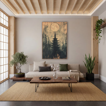 Small Moon Pagoda Ink wall art in a calm Japandi-style room – dark five-tier pagoda among evergreens under a large